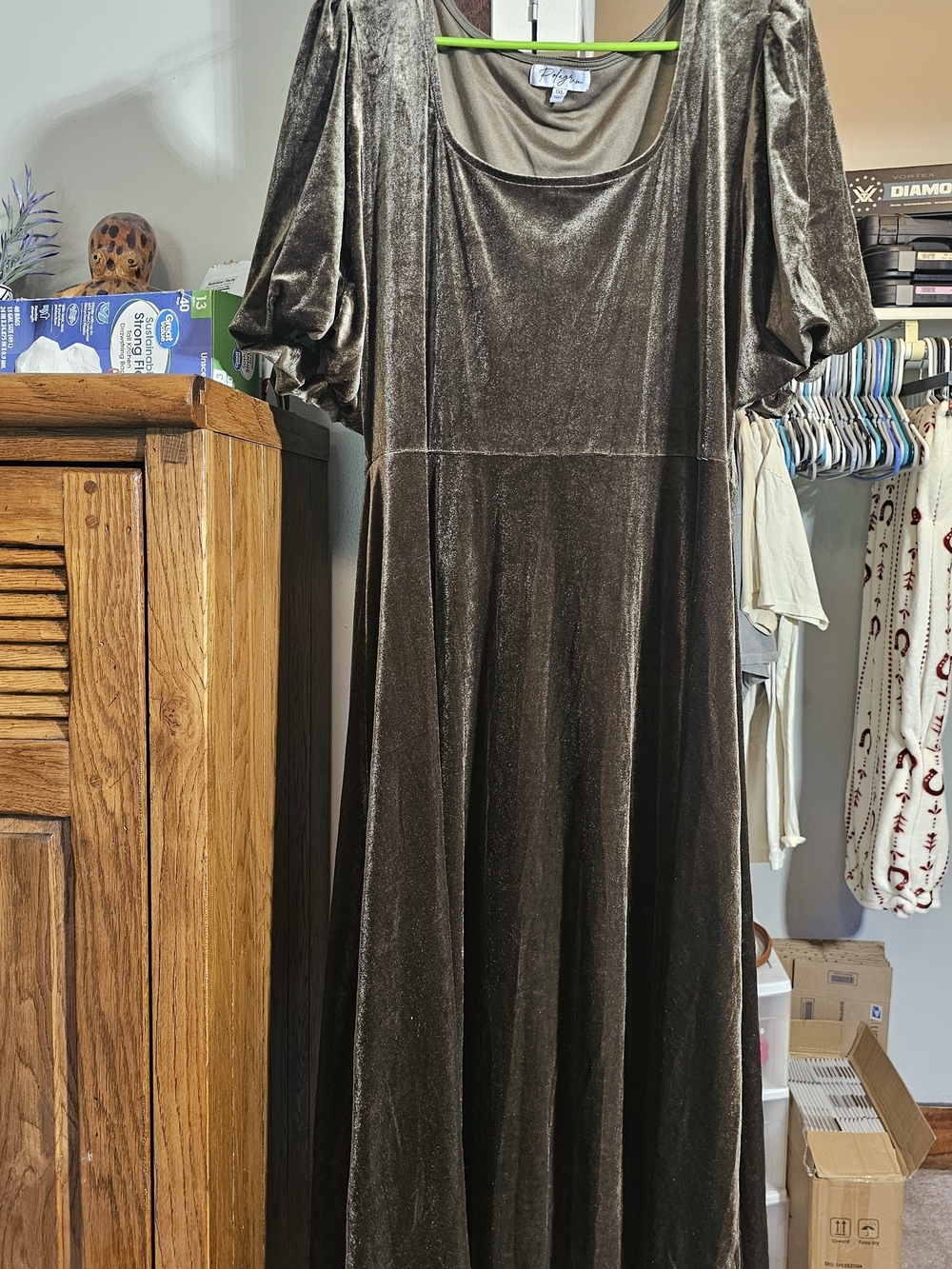 Polagram Olive Velvet Maxi Dress with Puff Sleeves